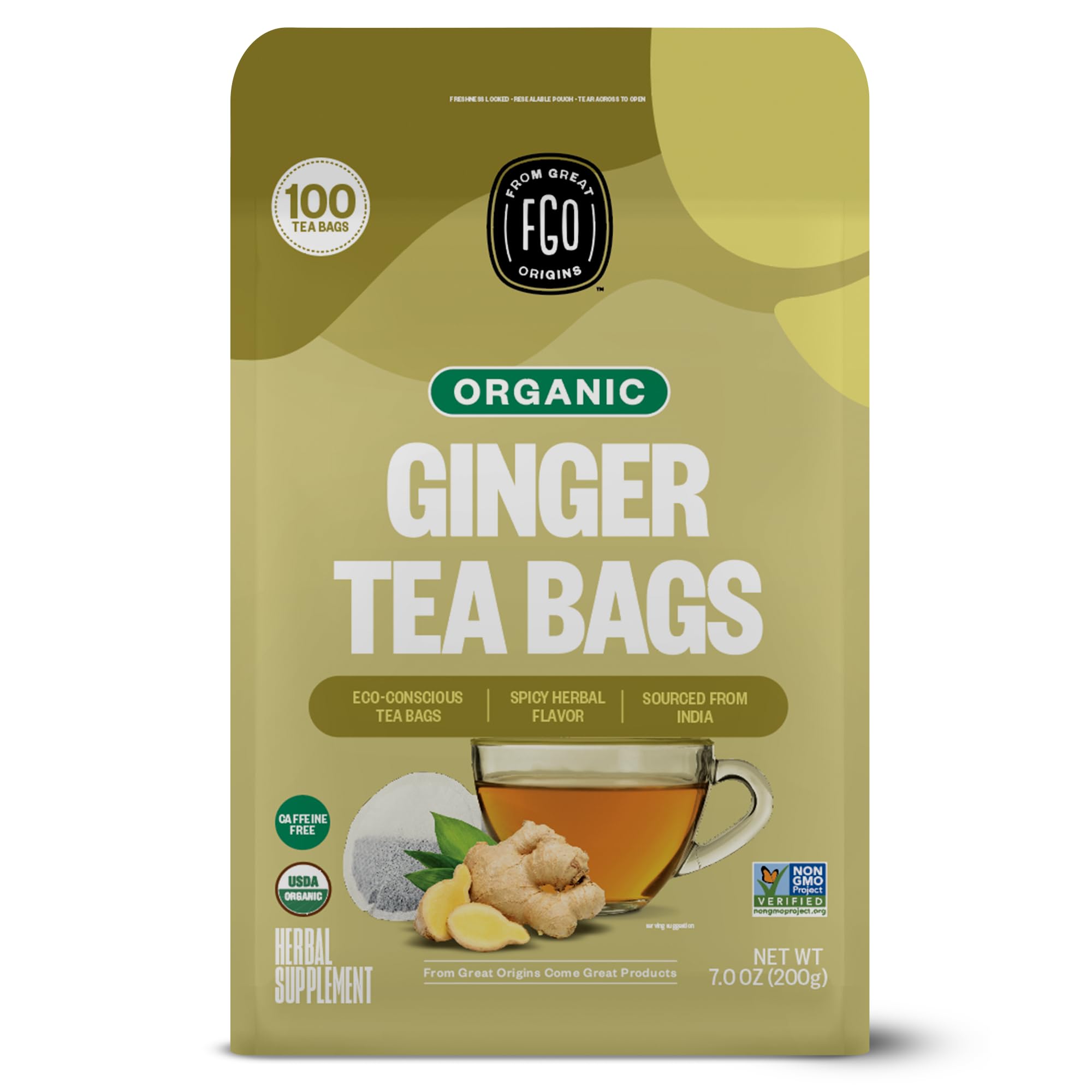 Eco-Conscious USDA Organic FGO Caffeine Free Ginger Tea Bags, 100 Count
| USDA Organic FGO Caffeine Free Ginger Tea, 10