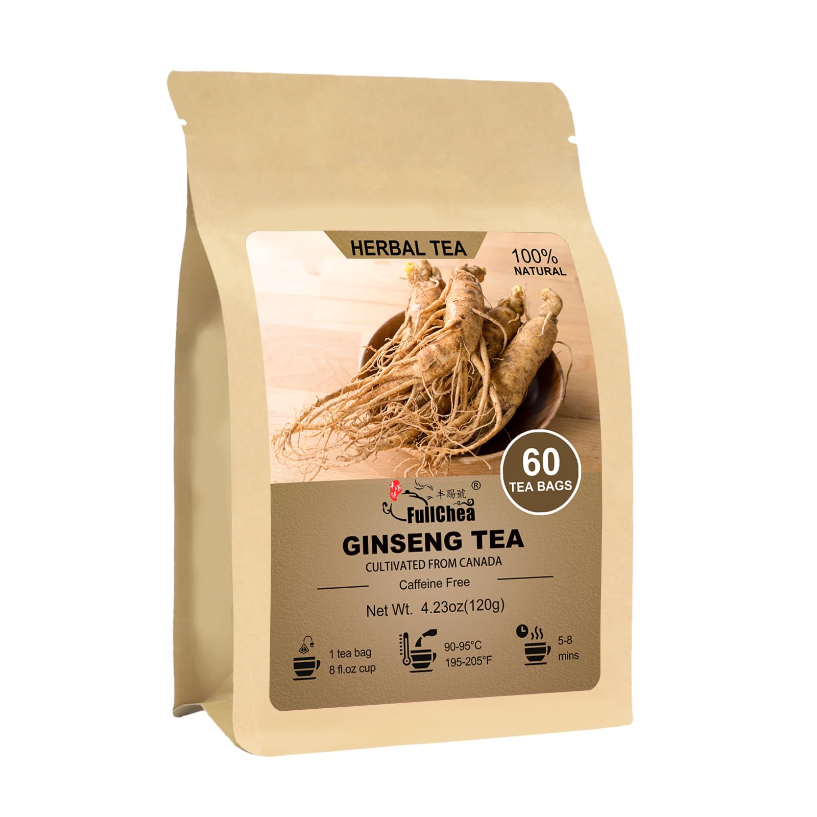 FullChea Ginseng Tea Bags - Energizing & Immune Support - Caffeine-Free - Non-GMO - 60 Teabags
FullChea Ginseng Tea Bags