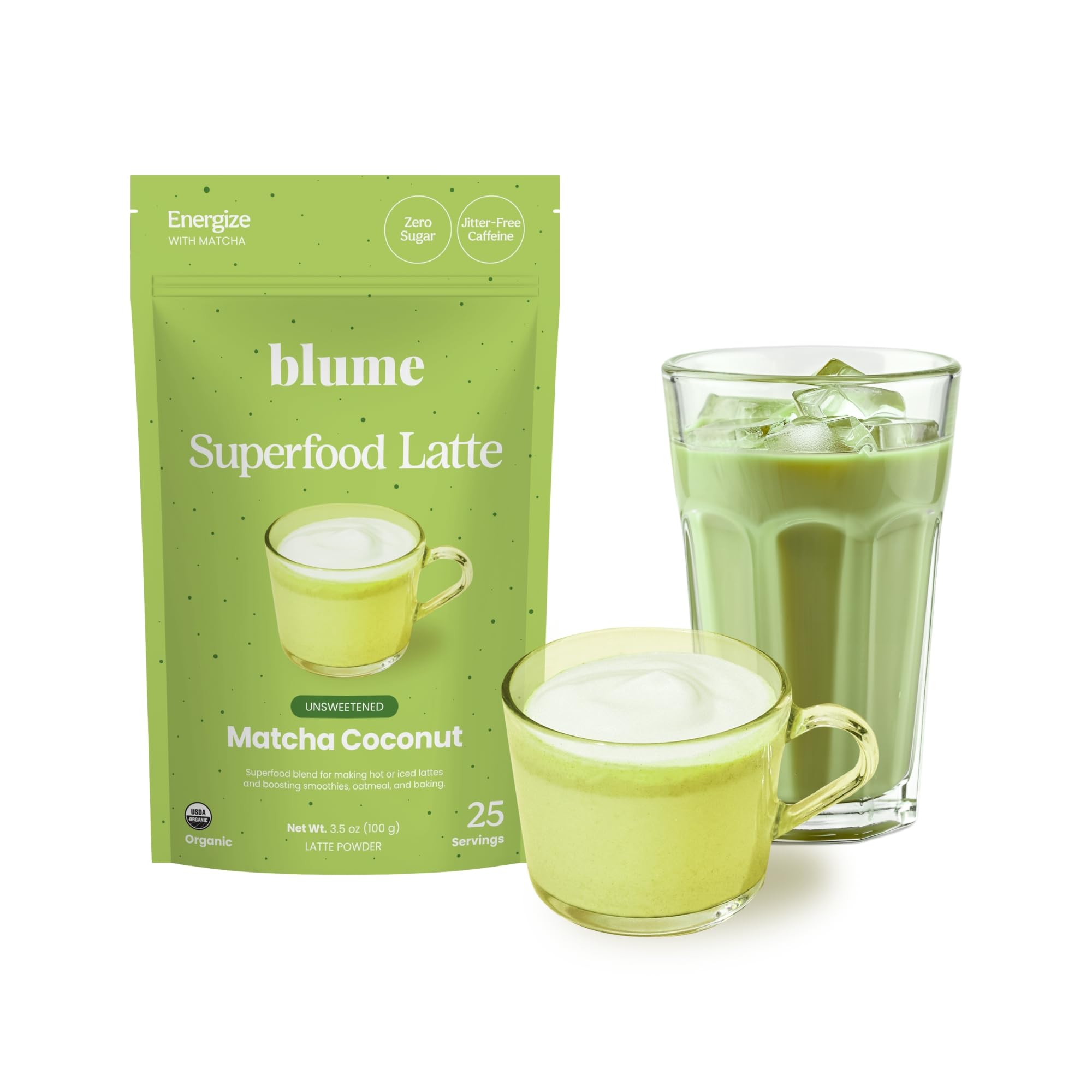 Blume Superfoods Organic Matcha Latte - Natural Caffeine & L-Theanine for All Day Energy & Focus, Sugar-Free, Vegan, 25