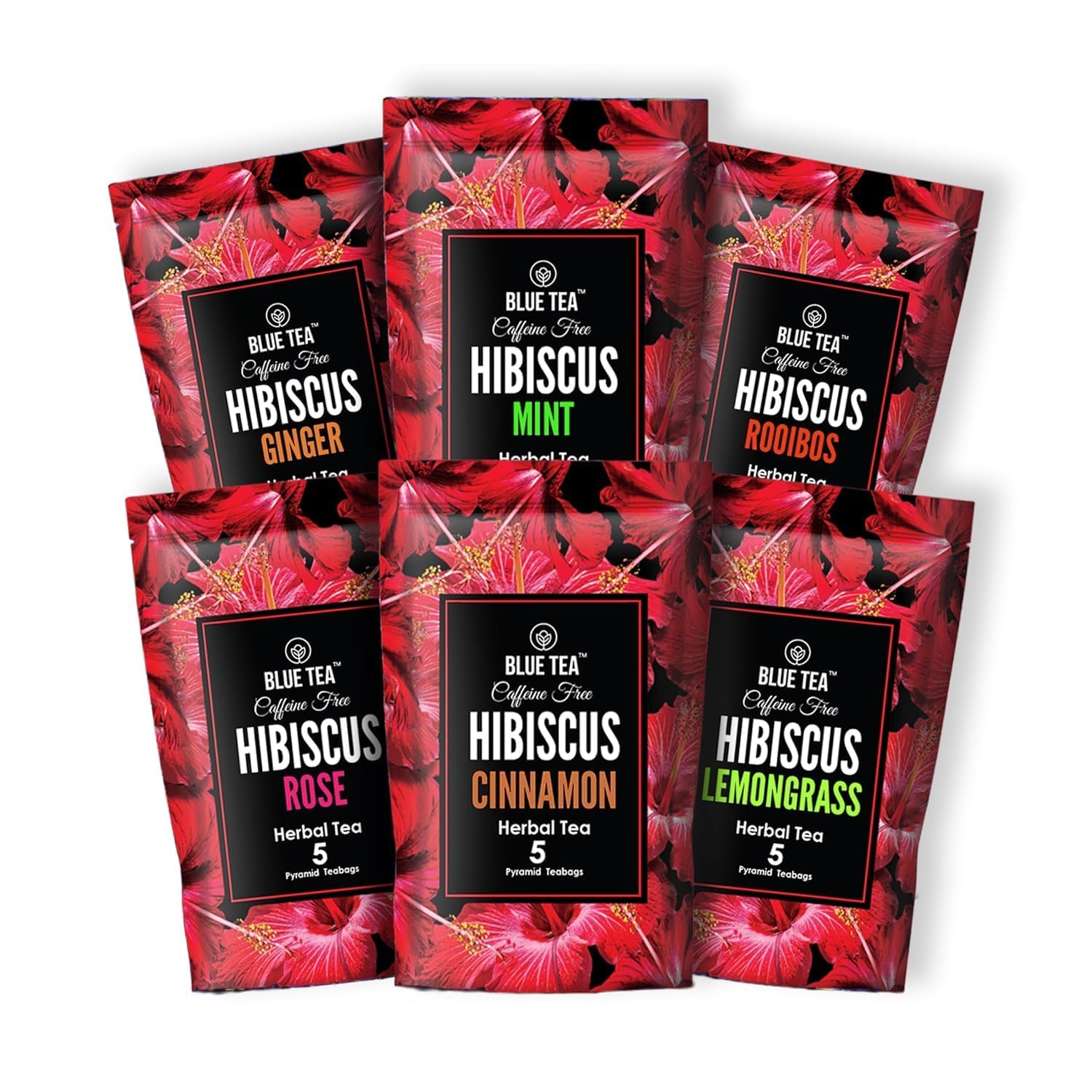 BLUE TEA Hibiscus Assorted Herbal Sampler Tea Pack (6 Flavors, 30 Tea Bags Gifts Set) | Gifts for Her & Him | Perfect Te