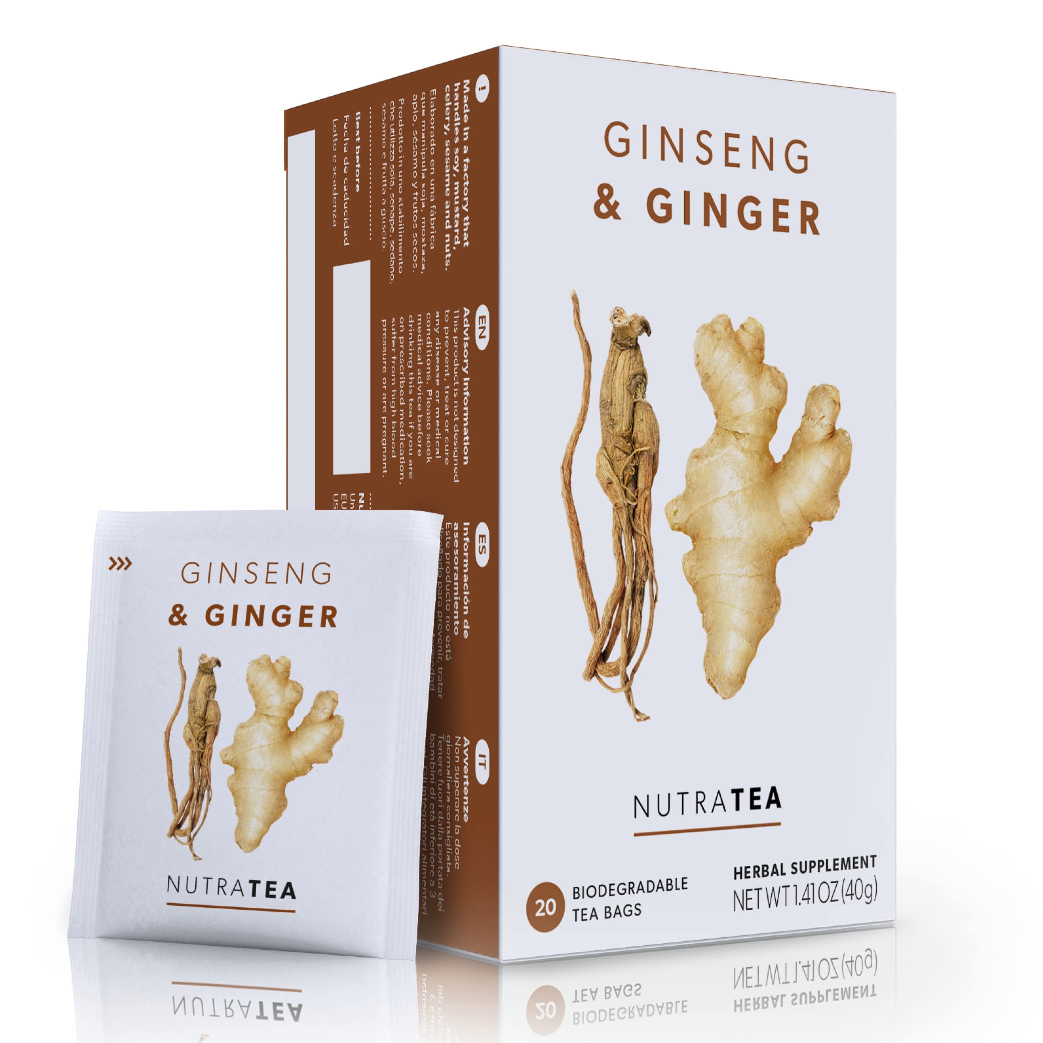 Nutra Tea Ginger & Ginseng Tea - Detox Flavored Herbal Tea for Women - Perfect for Relaxing Afternoon Break - Copper Pa