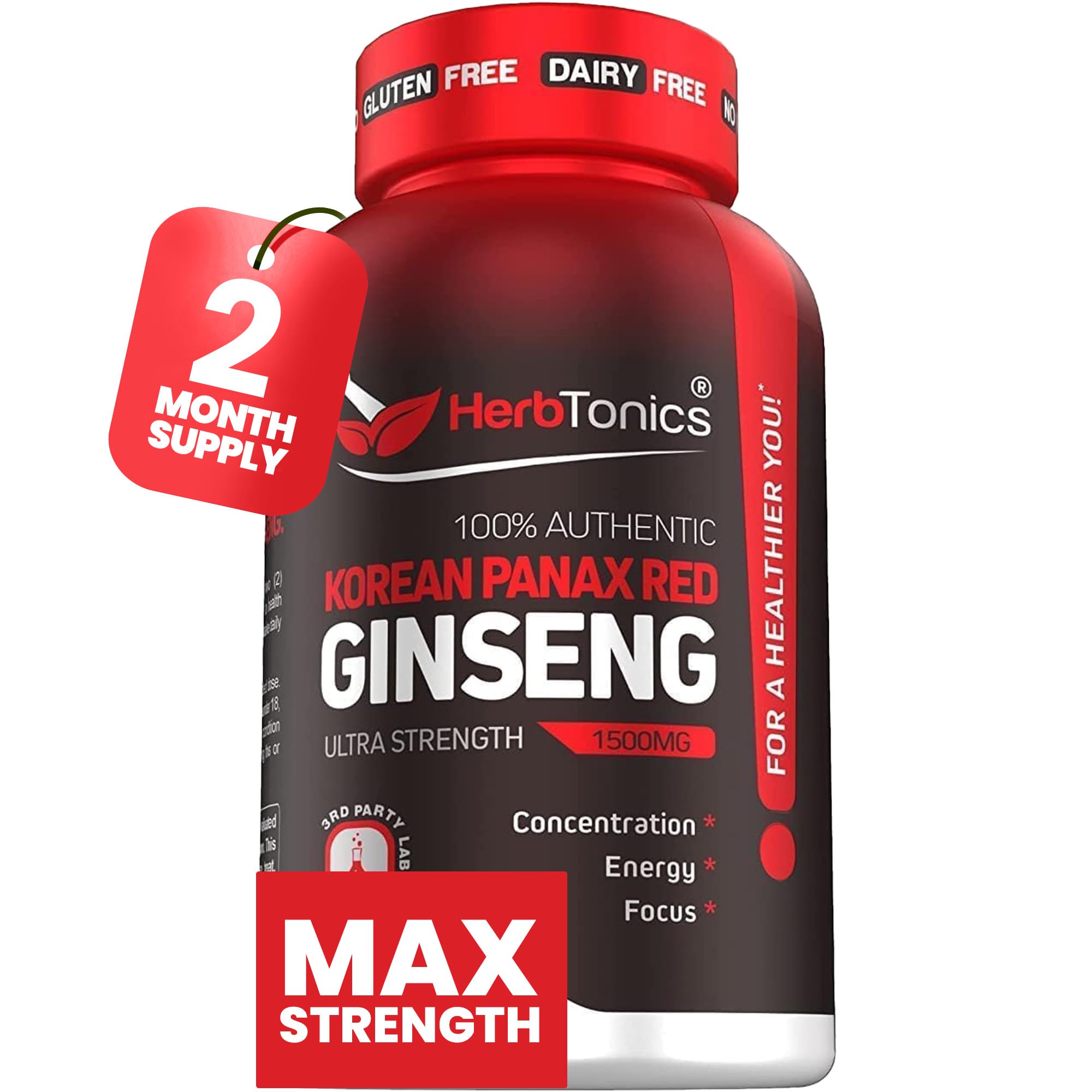 Herbtonics Korean Red Panax Ginseng 1500mg for Peak Performance - High Potency Energy Supplement - Focus & Vitality - 12