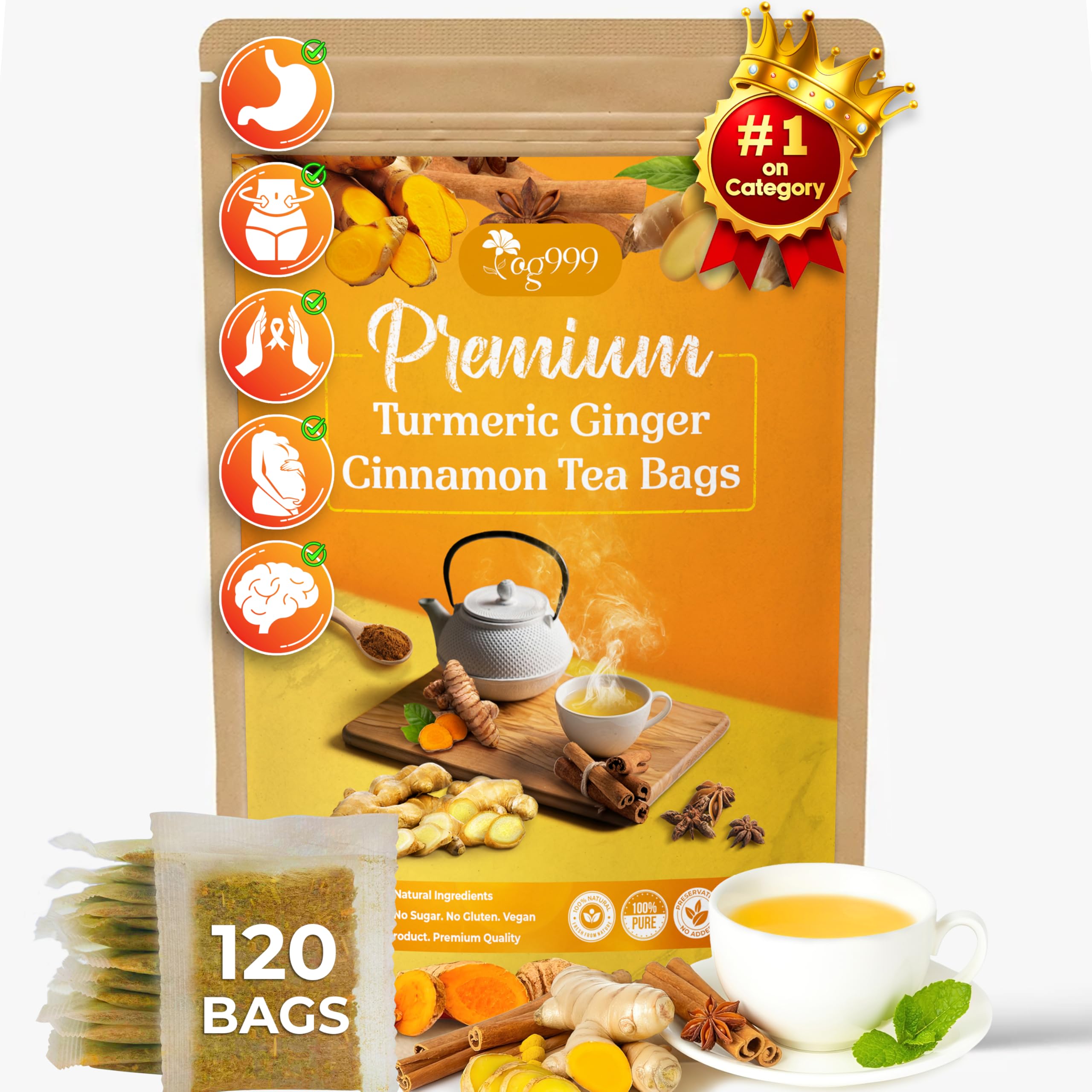 Premium Turmeric Ginger Cinnamon Tea to Improve Digestion and Support Brain, Weight, Skin and Sleep
| Eco-Conscious Tur