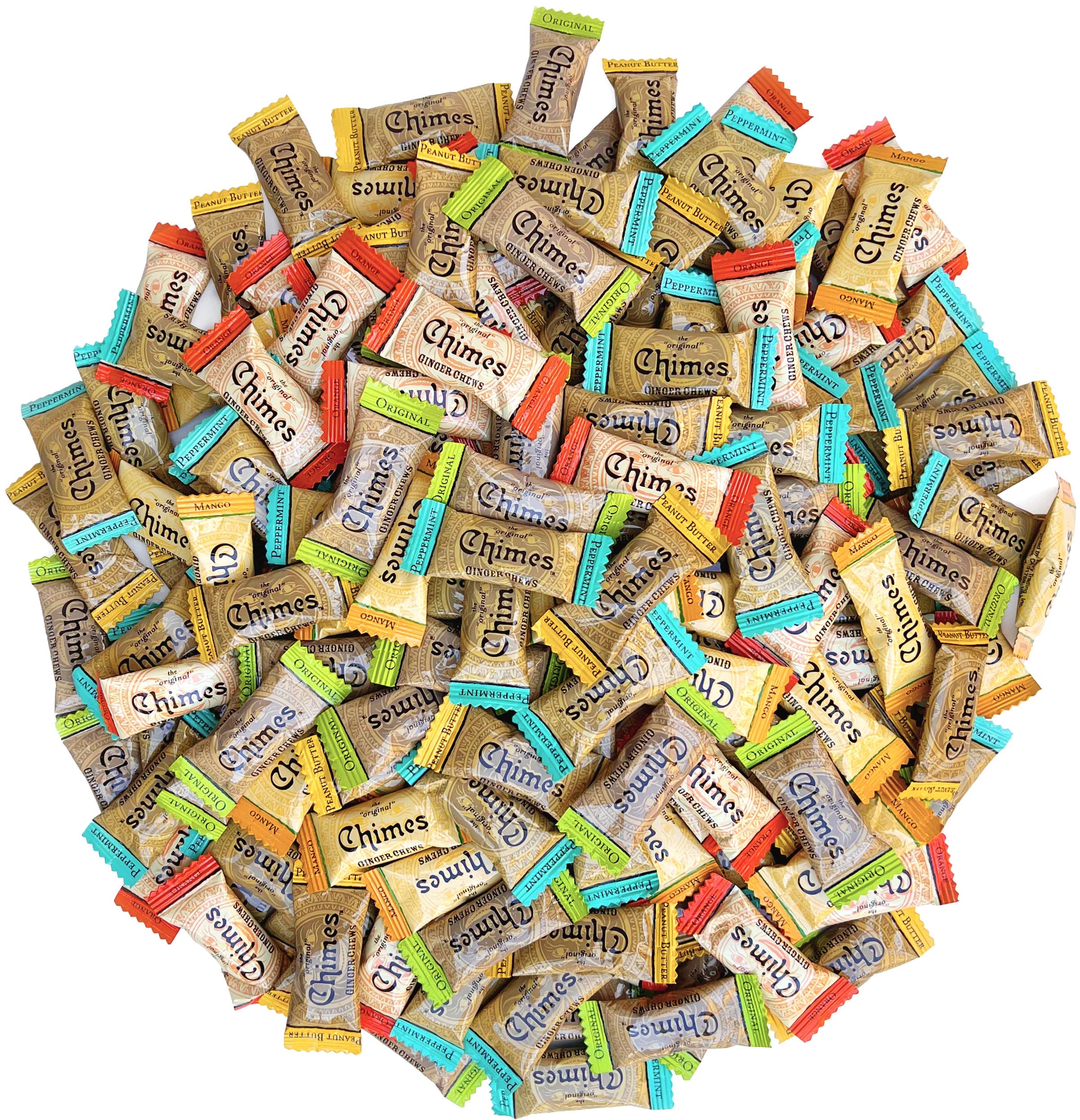 Chimes Ginger Chews Variety Pack Original, Orange, Mango, Peppermint, and Peanut Butter Snack for Adults at Home and Tr